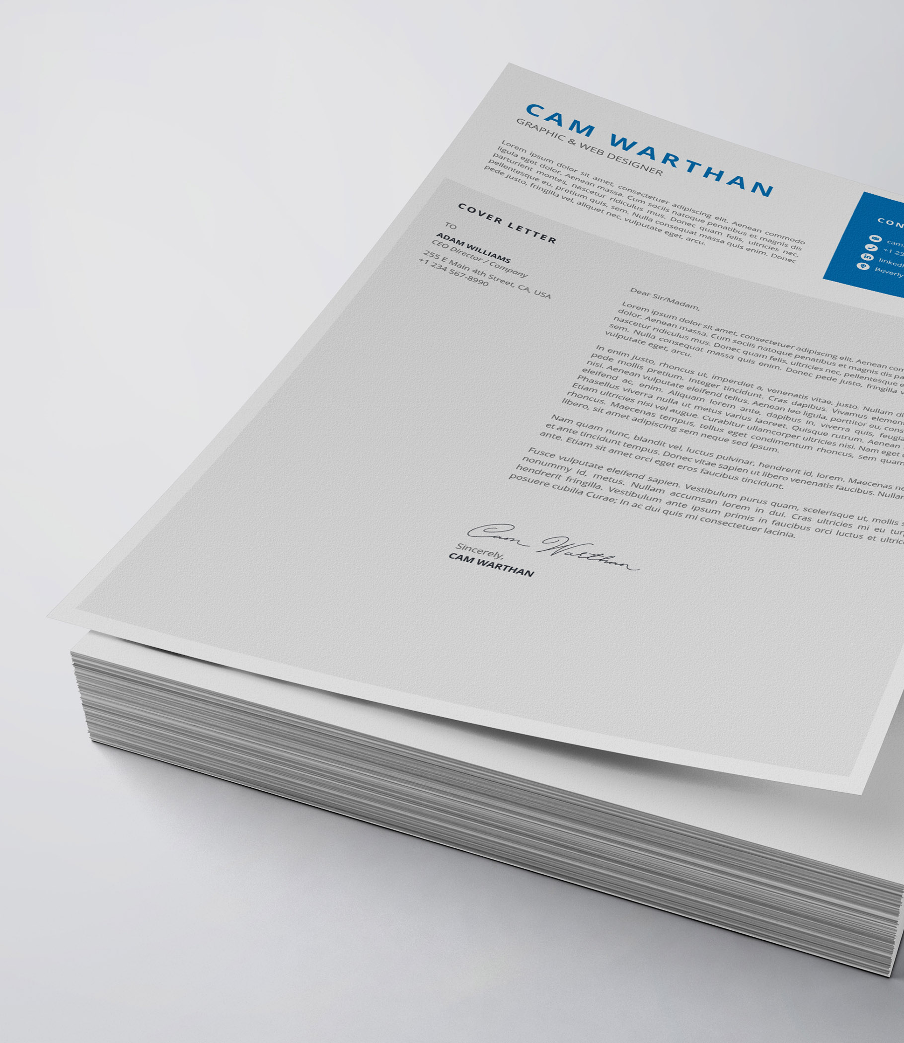 Stack of papers with a blue and white cover.