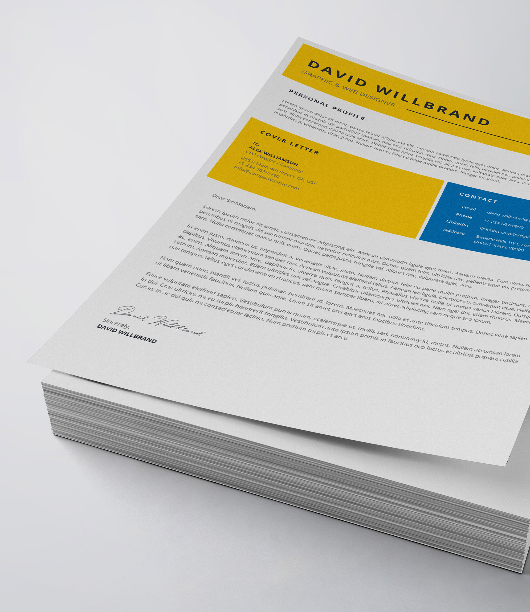 Yellow and blue resume on top of a stack of papers.