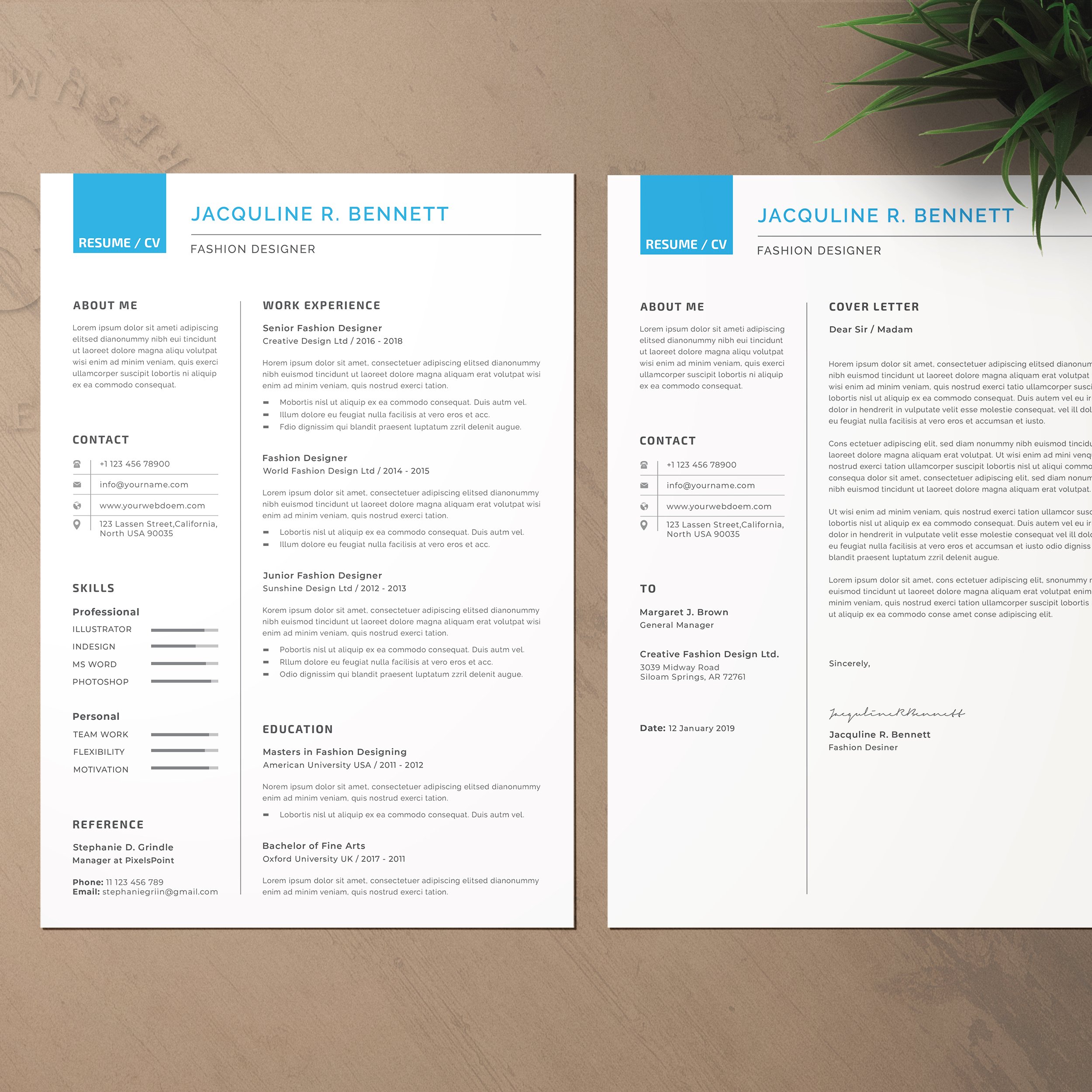Two resume templates on a table with a plant.