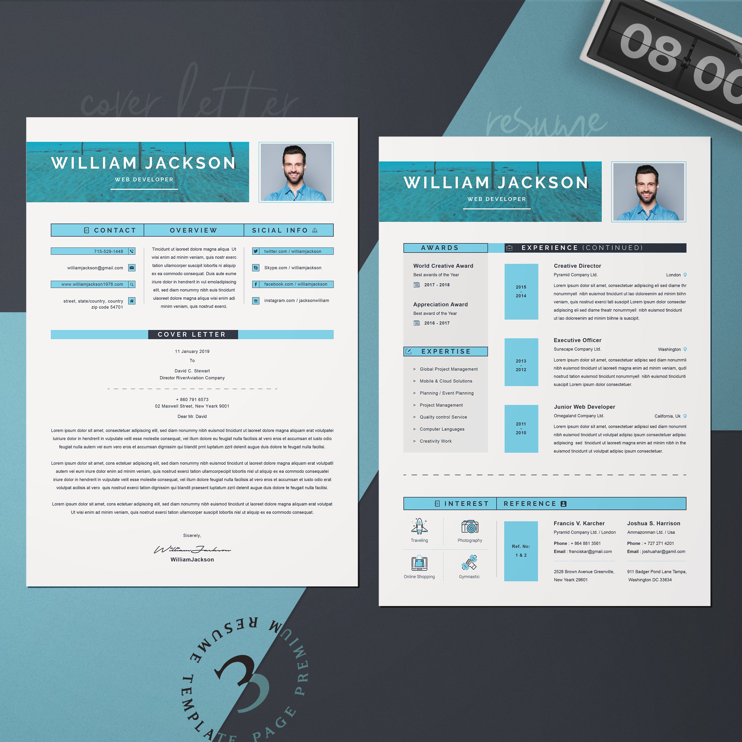 Blue and white professional resume template.