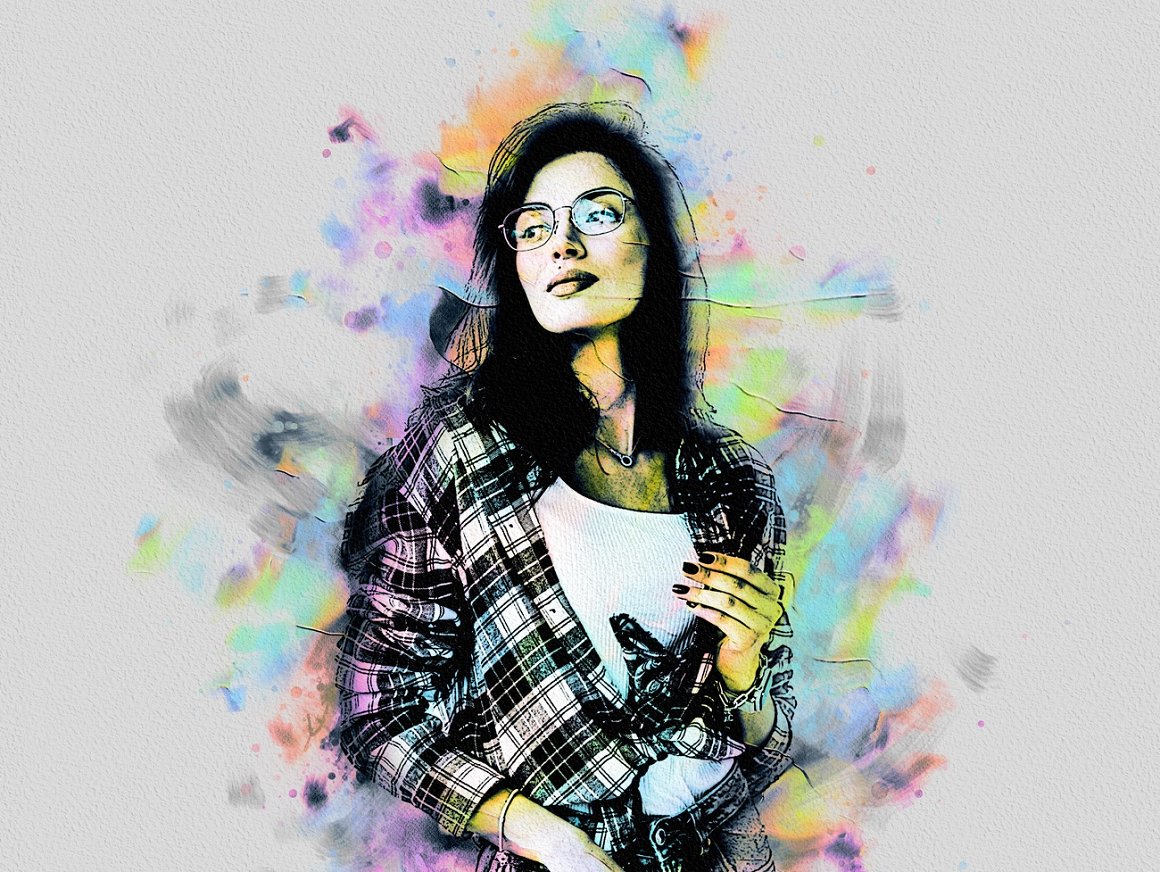 Drawing of a woman with glasses and a plaid jacket.