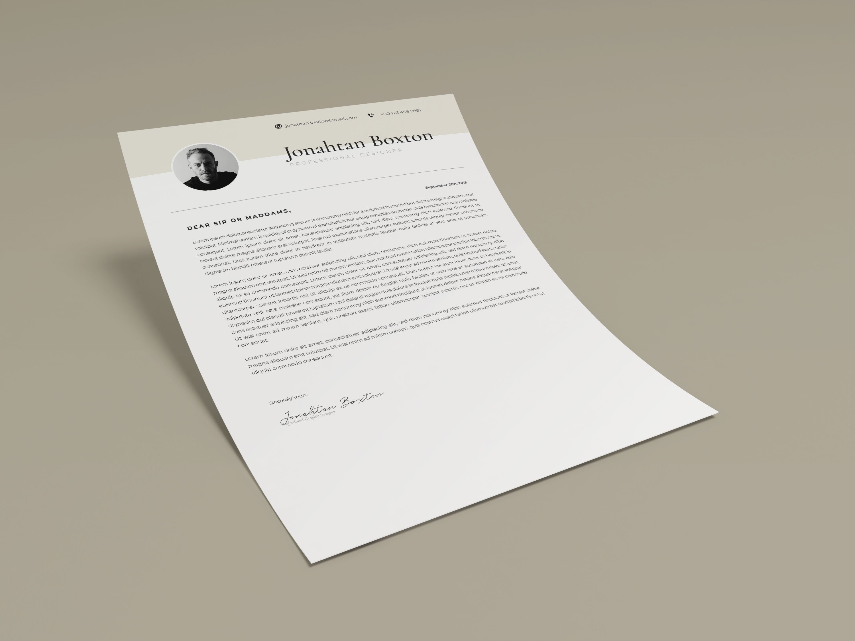 Letterhead with a photo of a person on it.