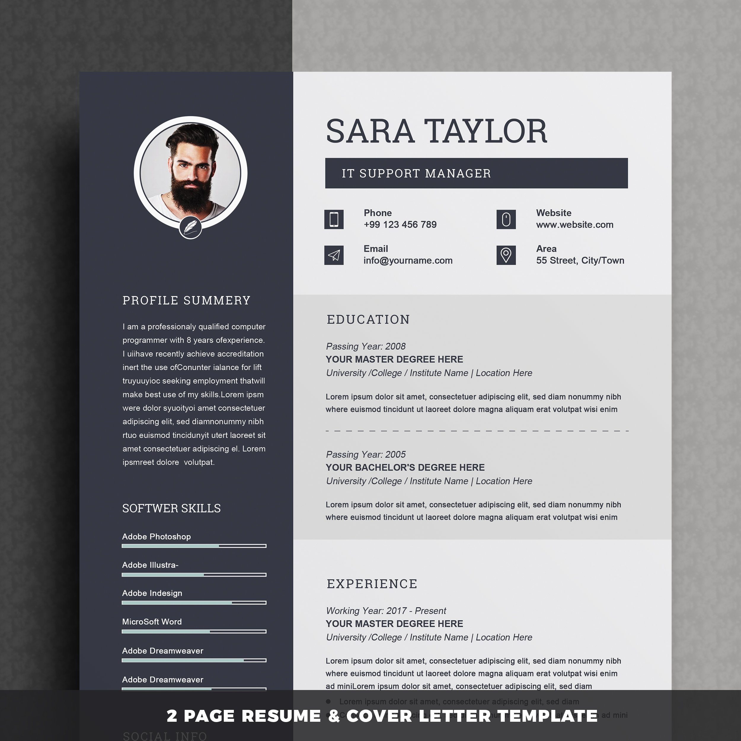 Professional resume template with a dark background.