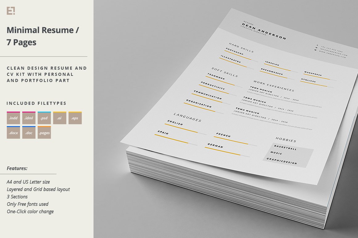 White and yellow resume on top of a stack of papers.