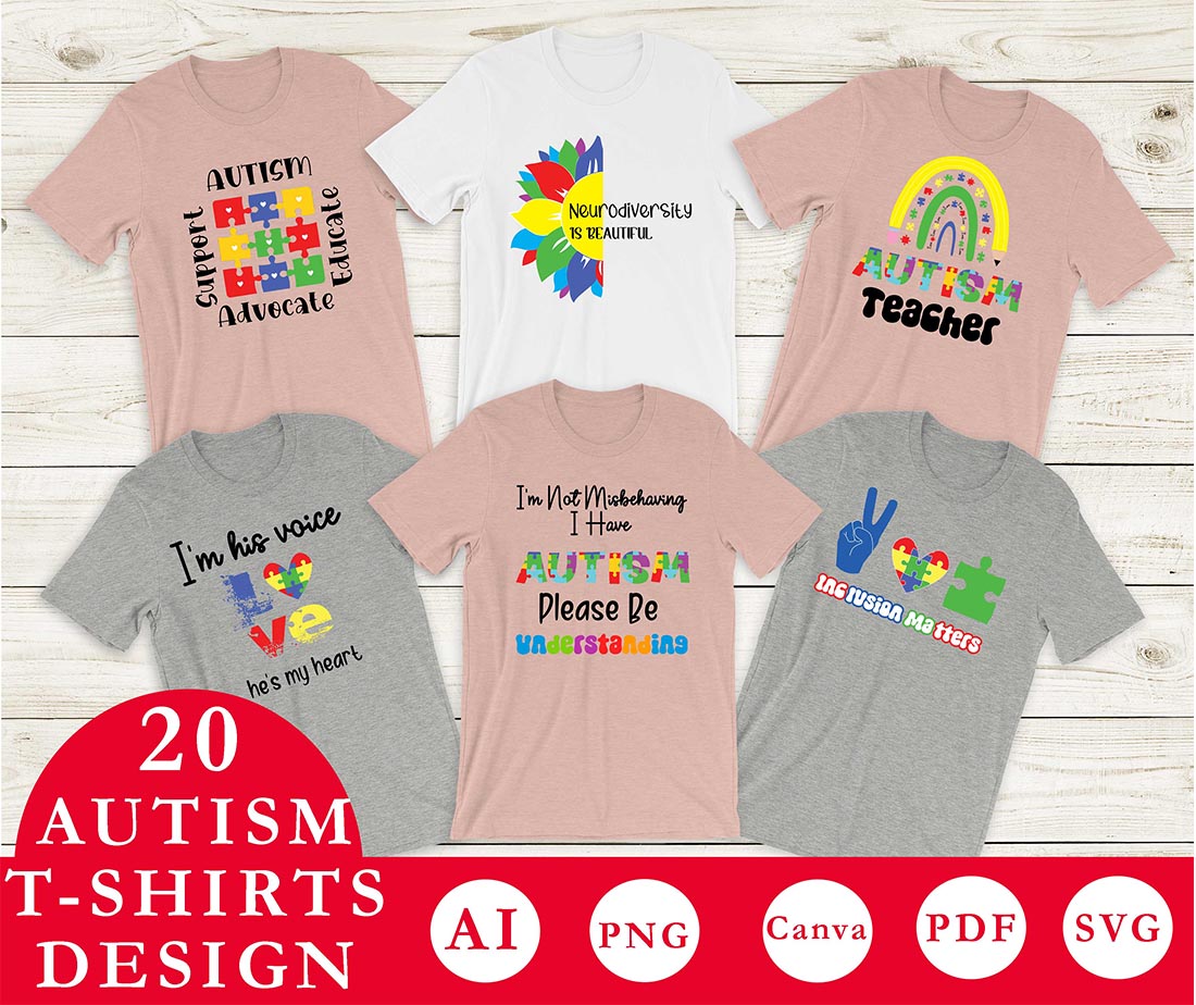 Group of t - shirts with the words autism on them.