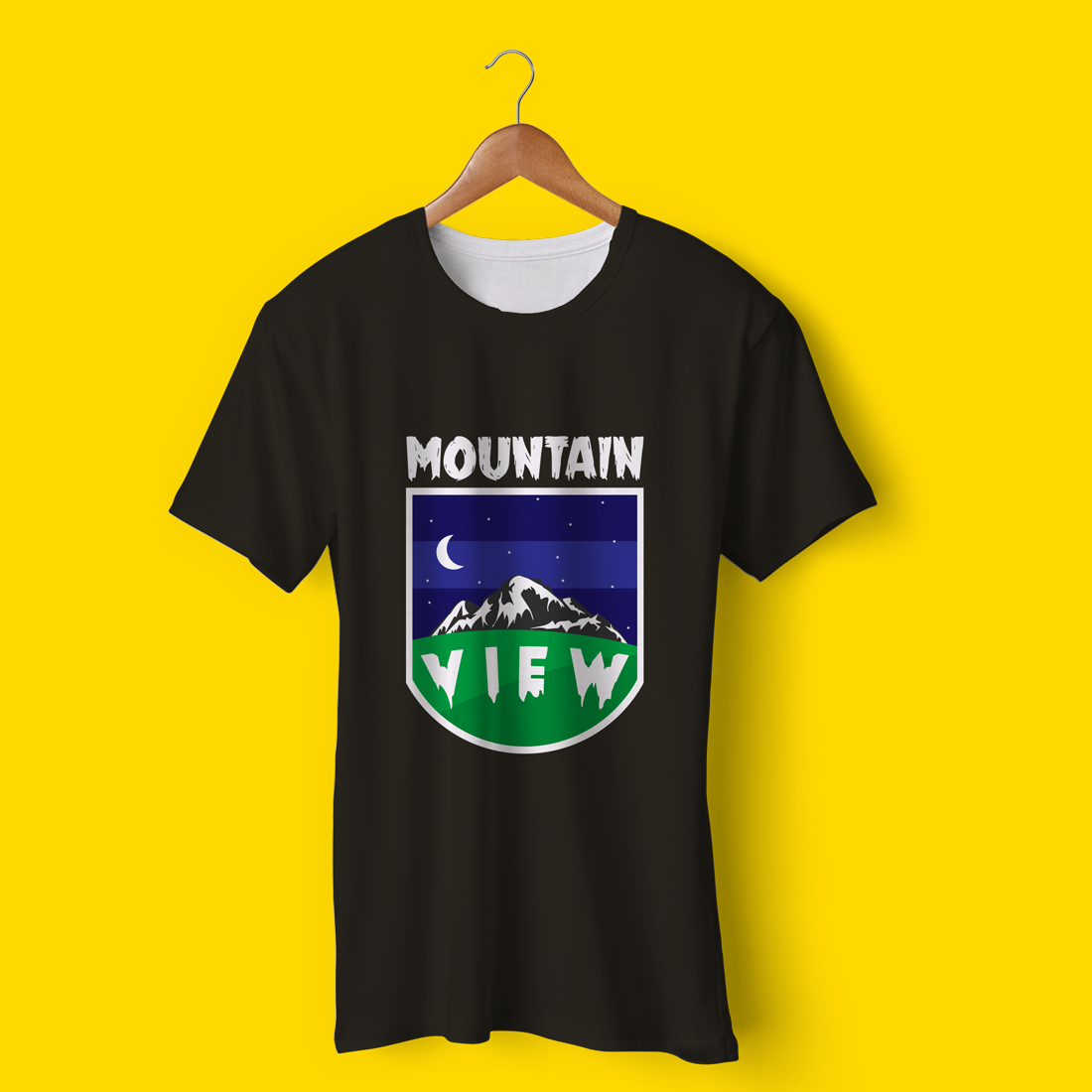 Black t - shirt with the mountain view logo on it.