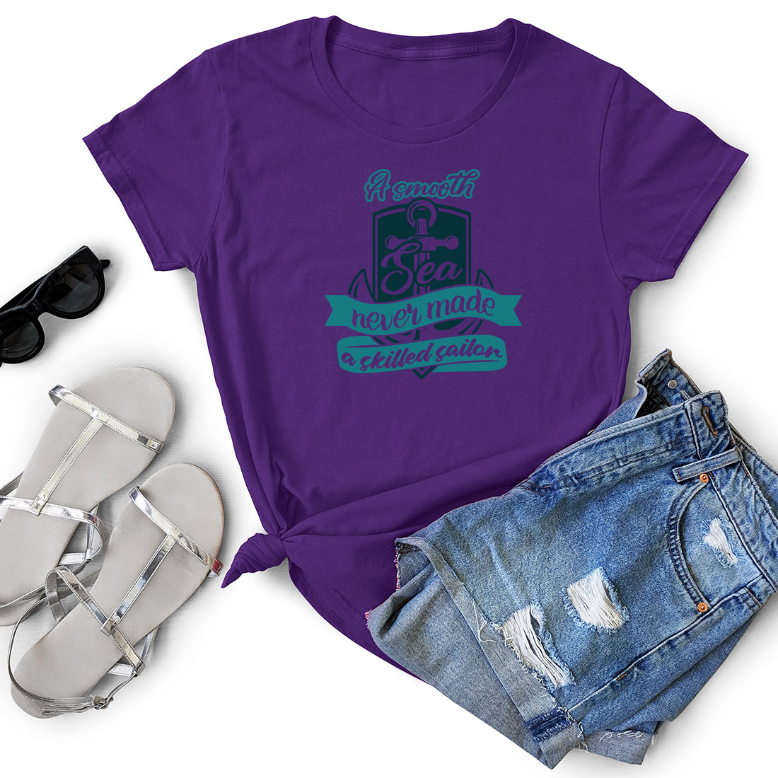 T - shirt with a purple background and a pair of shorts.
