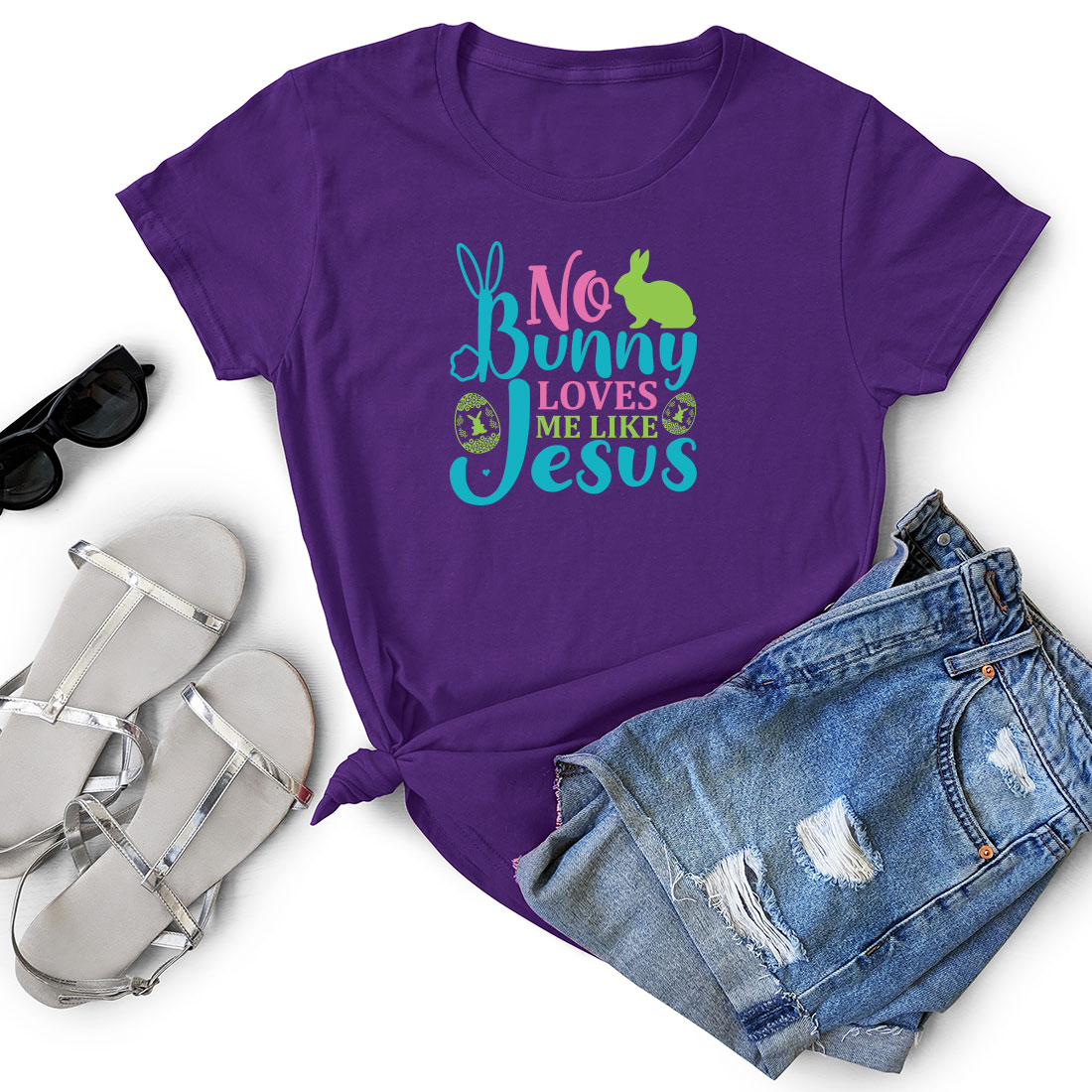 Purple shirt that says no bunny loves me like jesus.