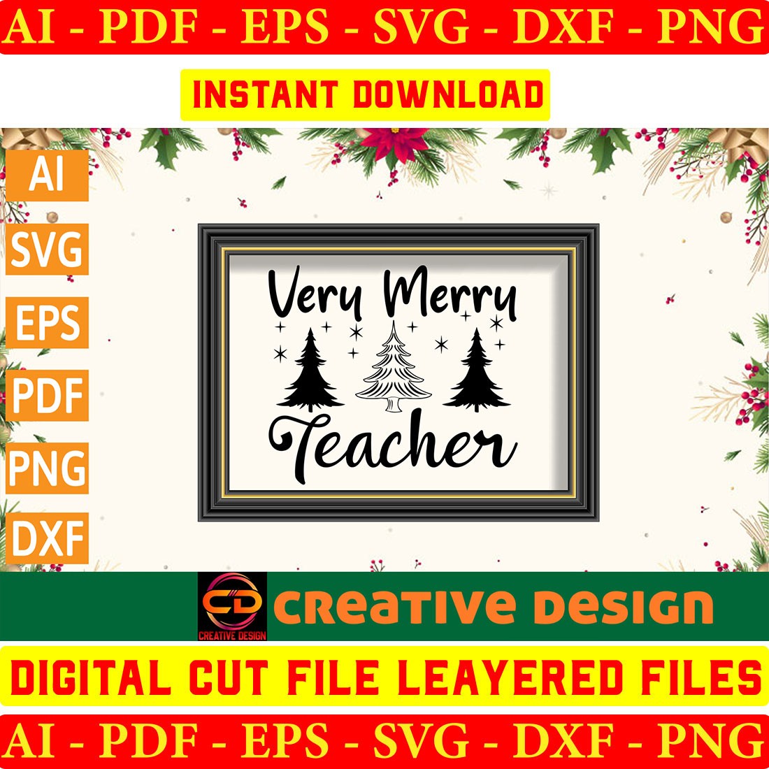 Merry teacher svg file with christmas trees.