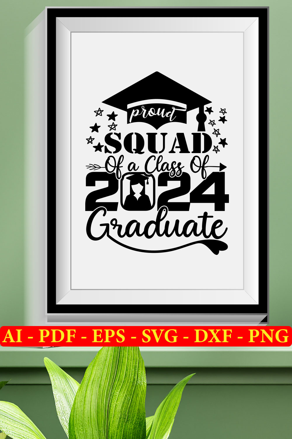 Black and white graduation poster hanging on a wall.