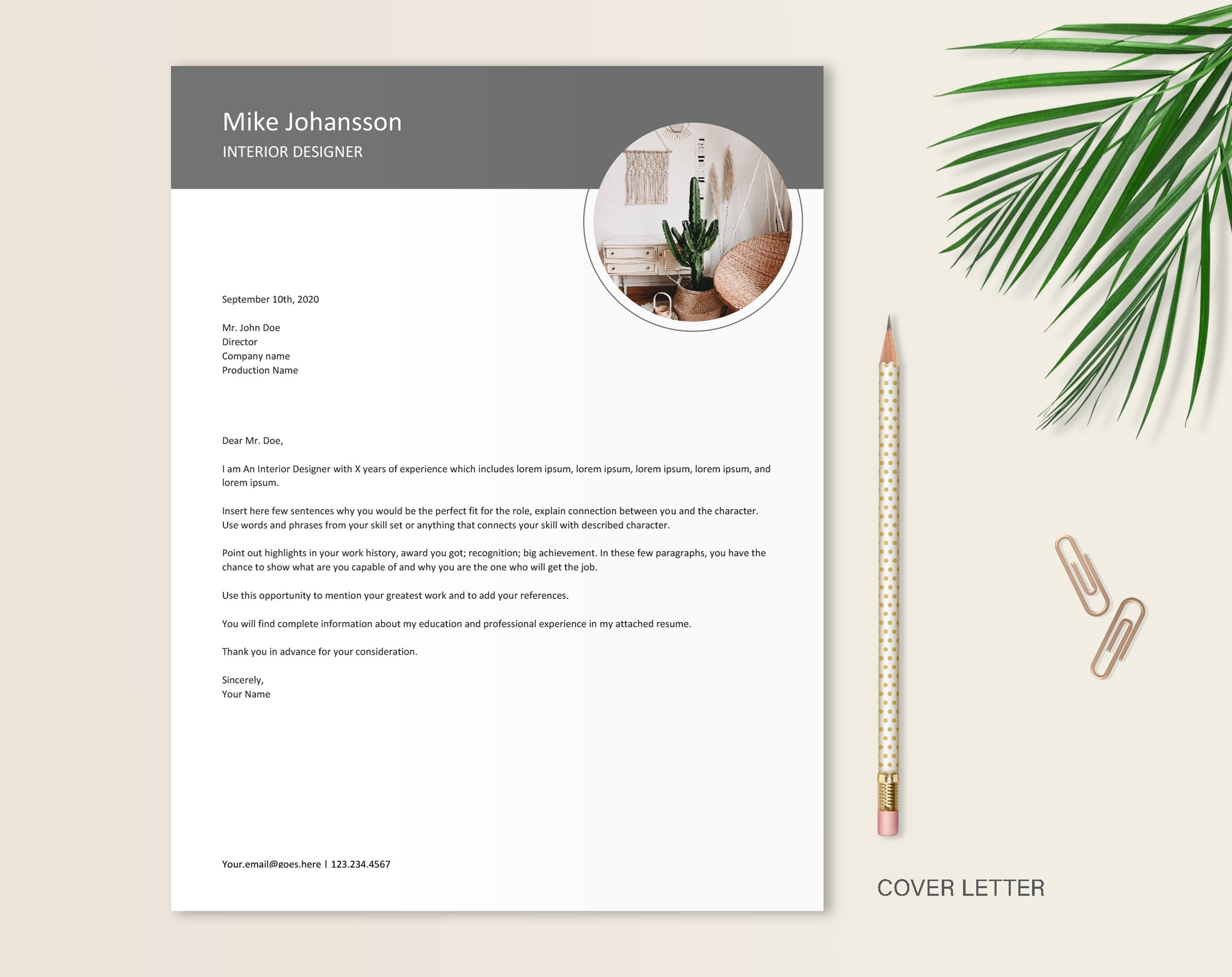 Letterhead with a plant next to it.