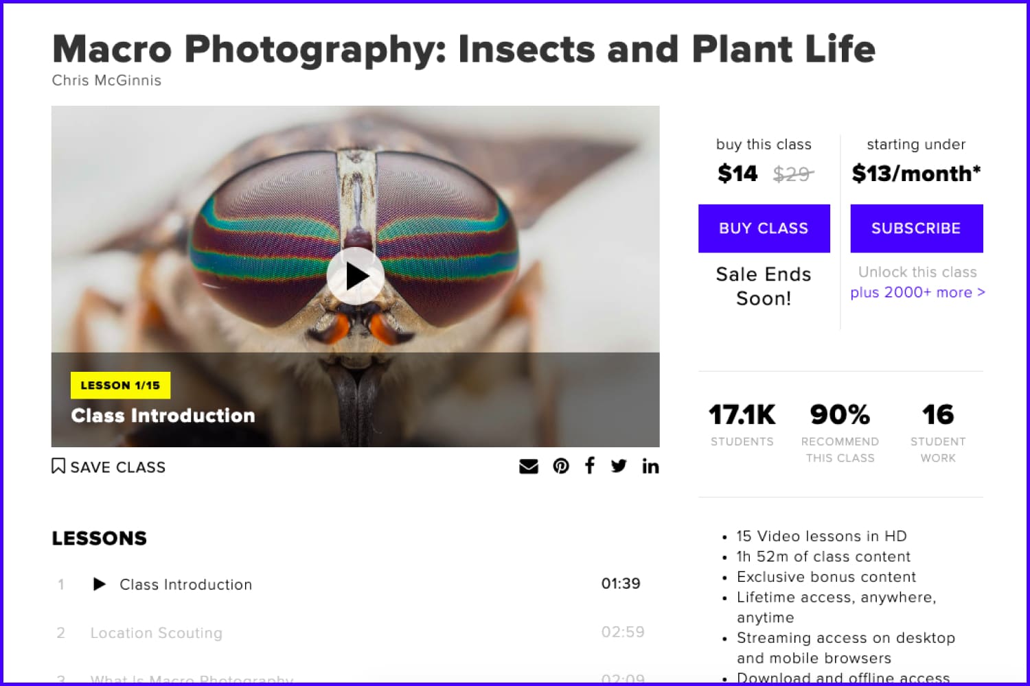 Screenshot of the main page of the Macro Photography course website.