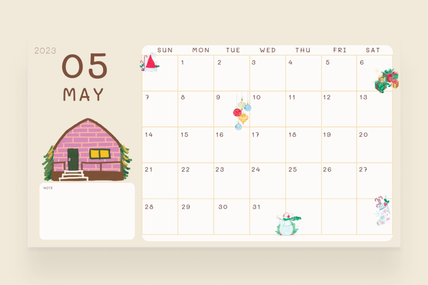 May calendar with a yellow and brown color scheme and picture of the house.