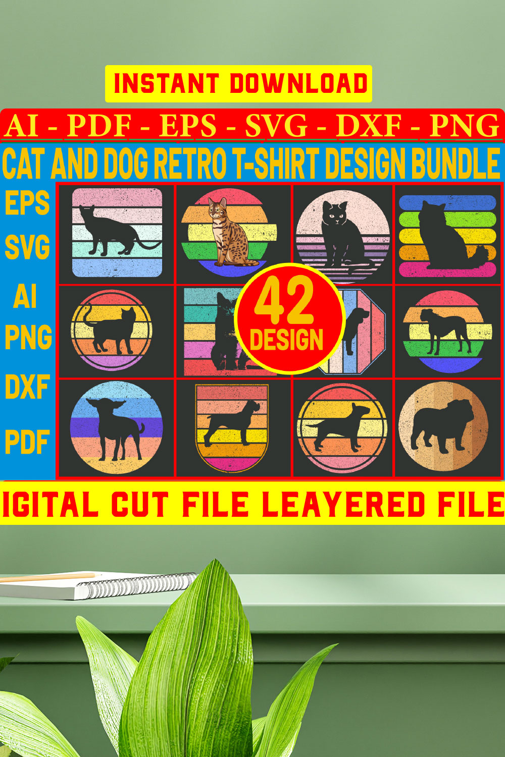 Cat And Dog Retro T-shirt Design Bundle pinterest preview image.