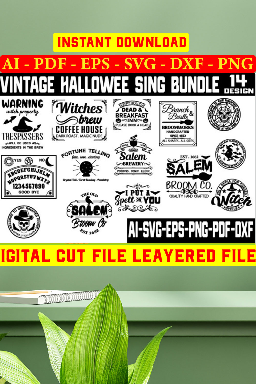 Vintage Halloween Sign SVG Bundle, Halloween bundle svg, Primitive Halloween sign svg, Apothecary svg, pinterest preview image.