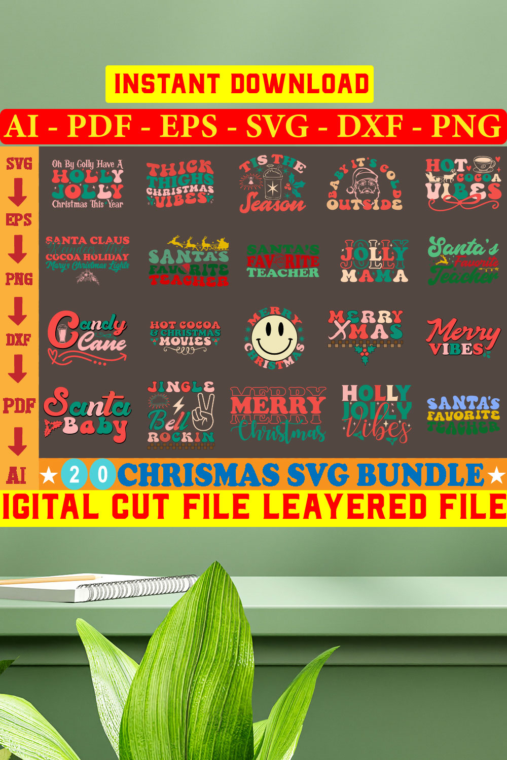 Retro Christmas SVG Bundle, Retro Christmas png, Groovy Christmas svg, Christmas Words svg, Christmas Shirt svg, mama claus svg pinterest preview image.