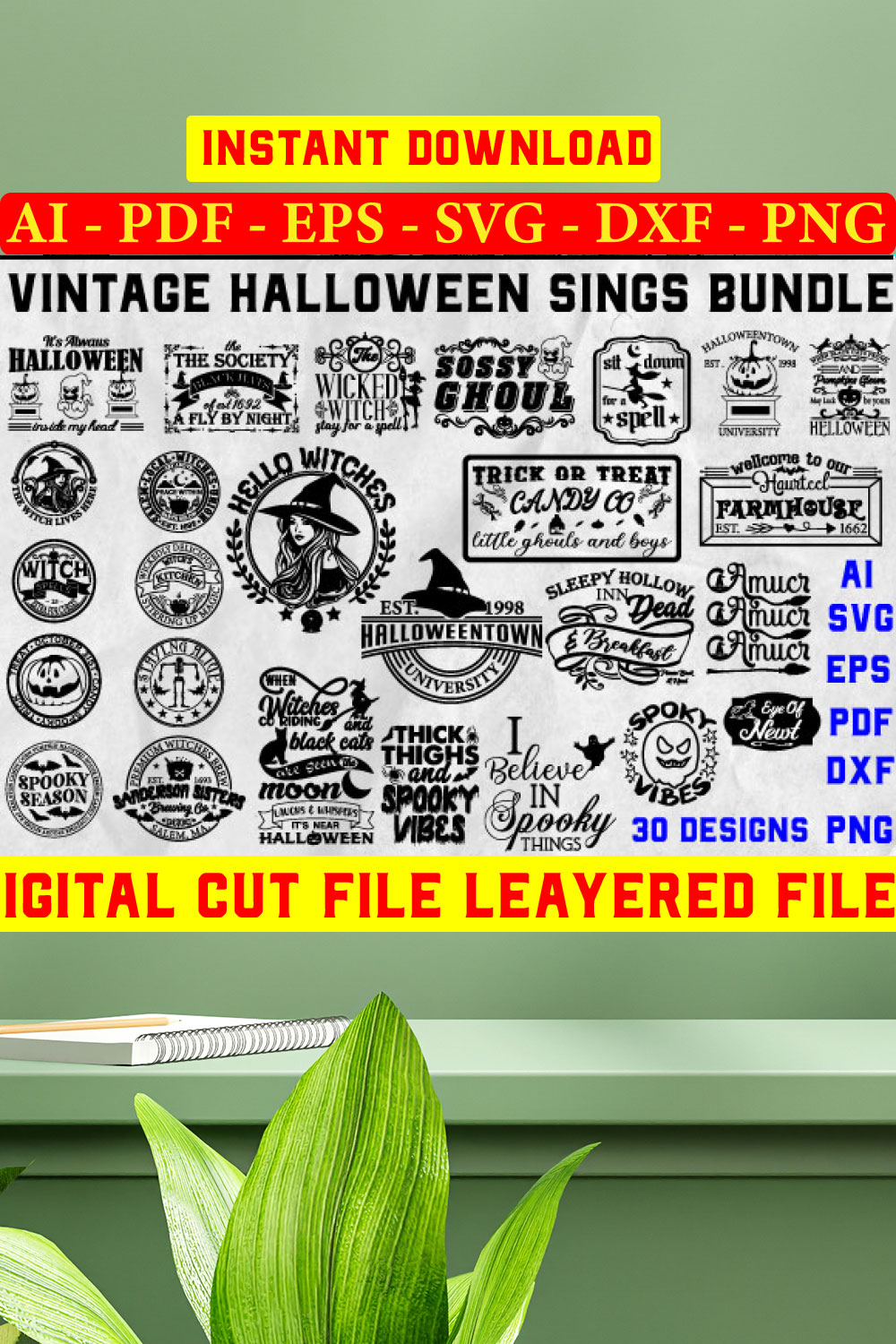 Vintage Halloween Sign SVG Bundle, Halloween bundle svg, Primitive Halloween sign svg pinterest preview image.