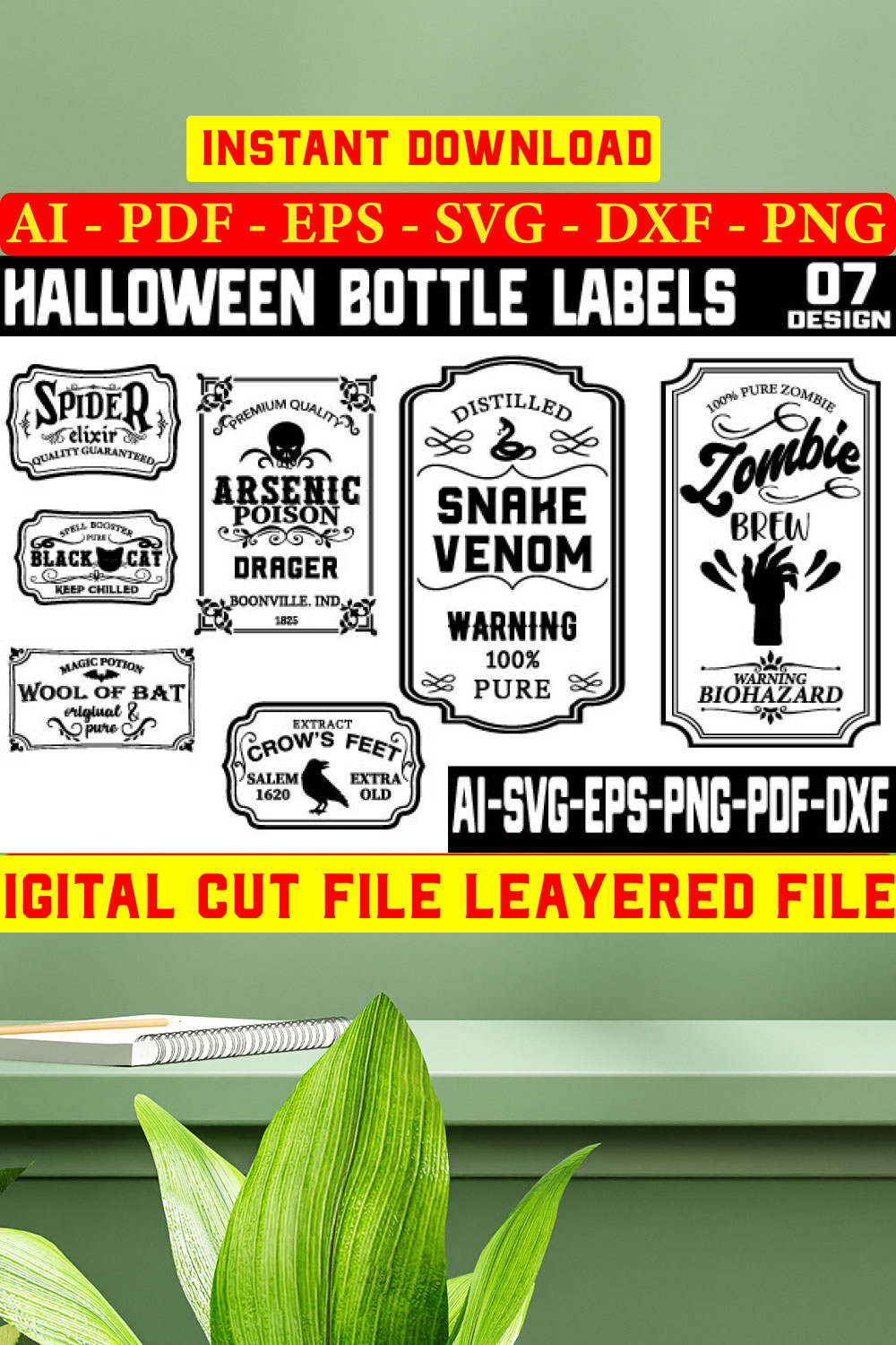 Halloween Bottle Labels svg png, Transparent Labels, Witch's Brew, Ghost Tears, Bat Wing pinterest preview image.