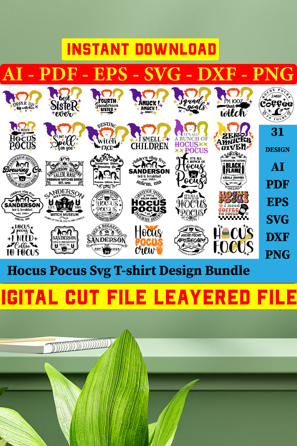 Hocus Pocus SVG Bundle, Funny Halloween SVG, Sanderson Sisters Cut Files Witch SVG pinterest preview image.
