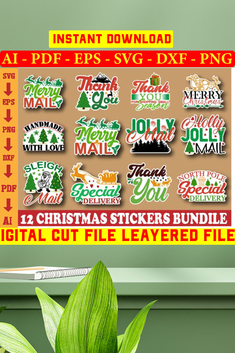 Christmas Stickers SVG Design Bundle pinterest preview image.