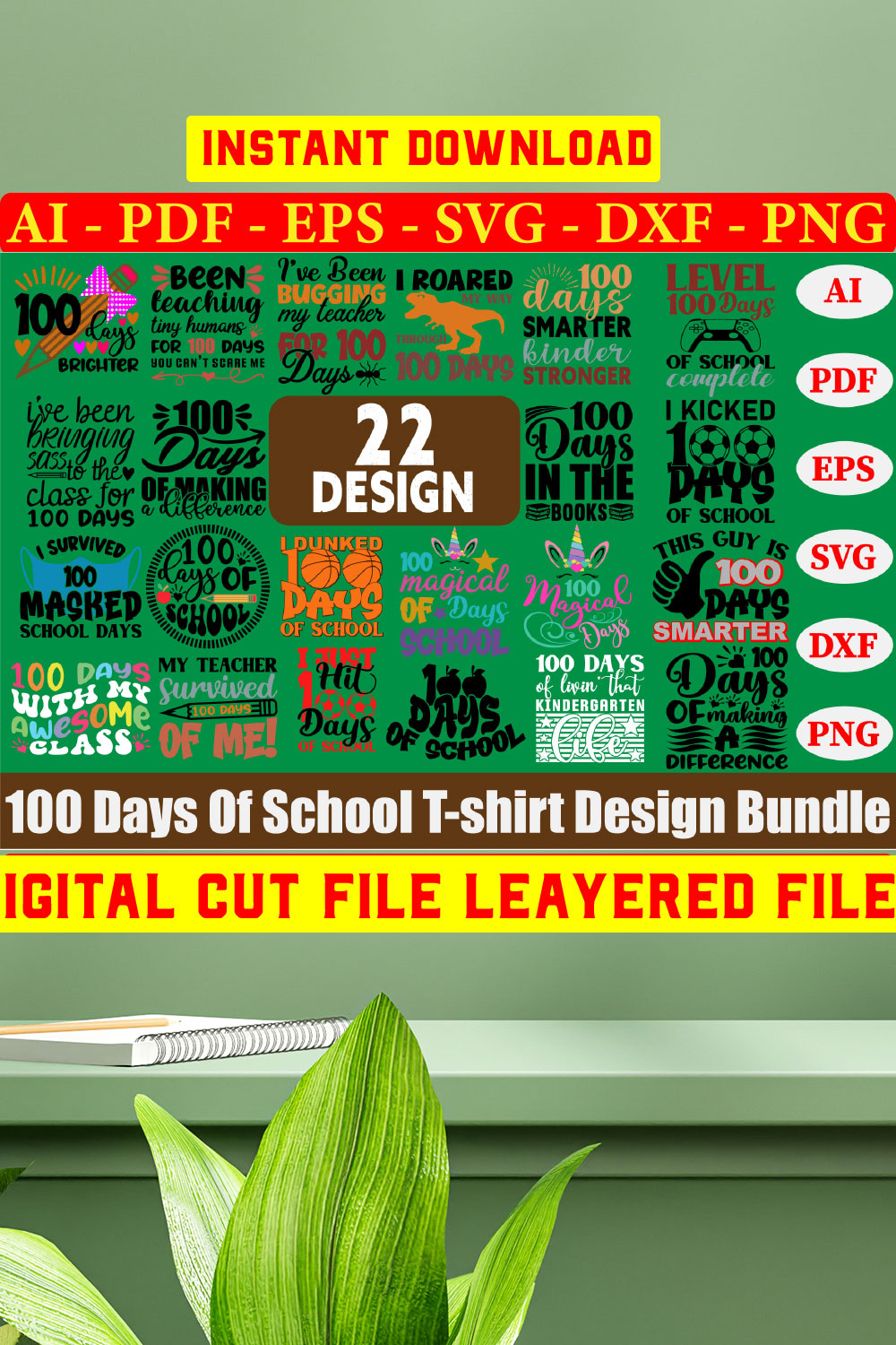 100 Days Of School T-shirt Design Bundle pinterest preview image.