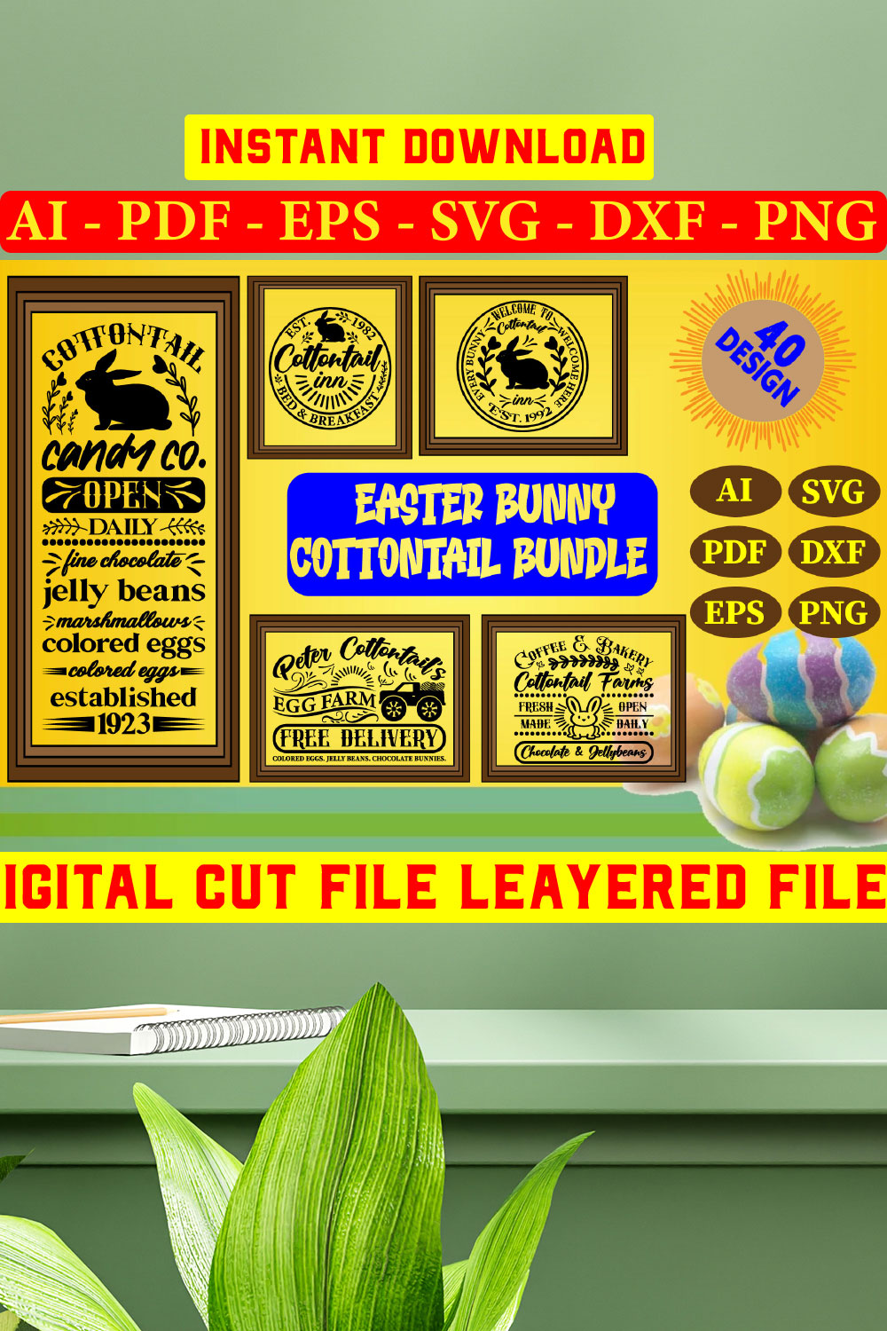 Easter Bunny Cottontail Bundle SVG 40 Designs Vol-06 pinterest preview image.