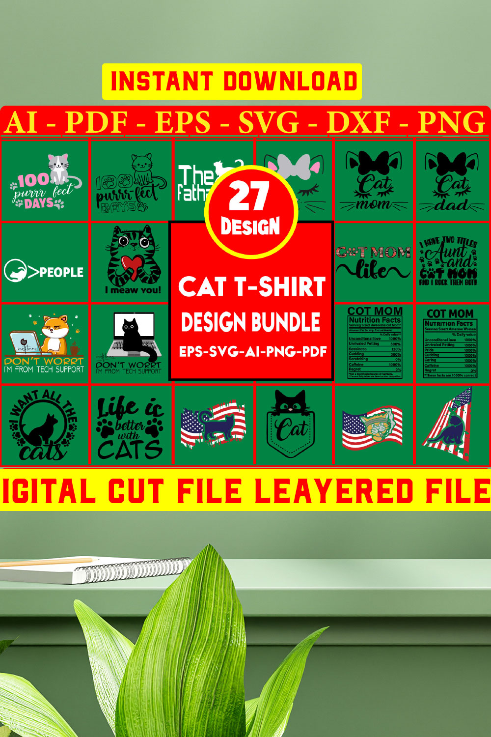 Cat T-shirt Design Bundle pinterest preview image.