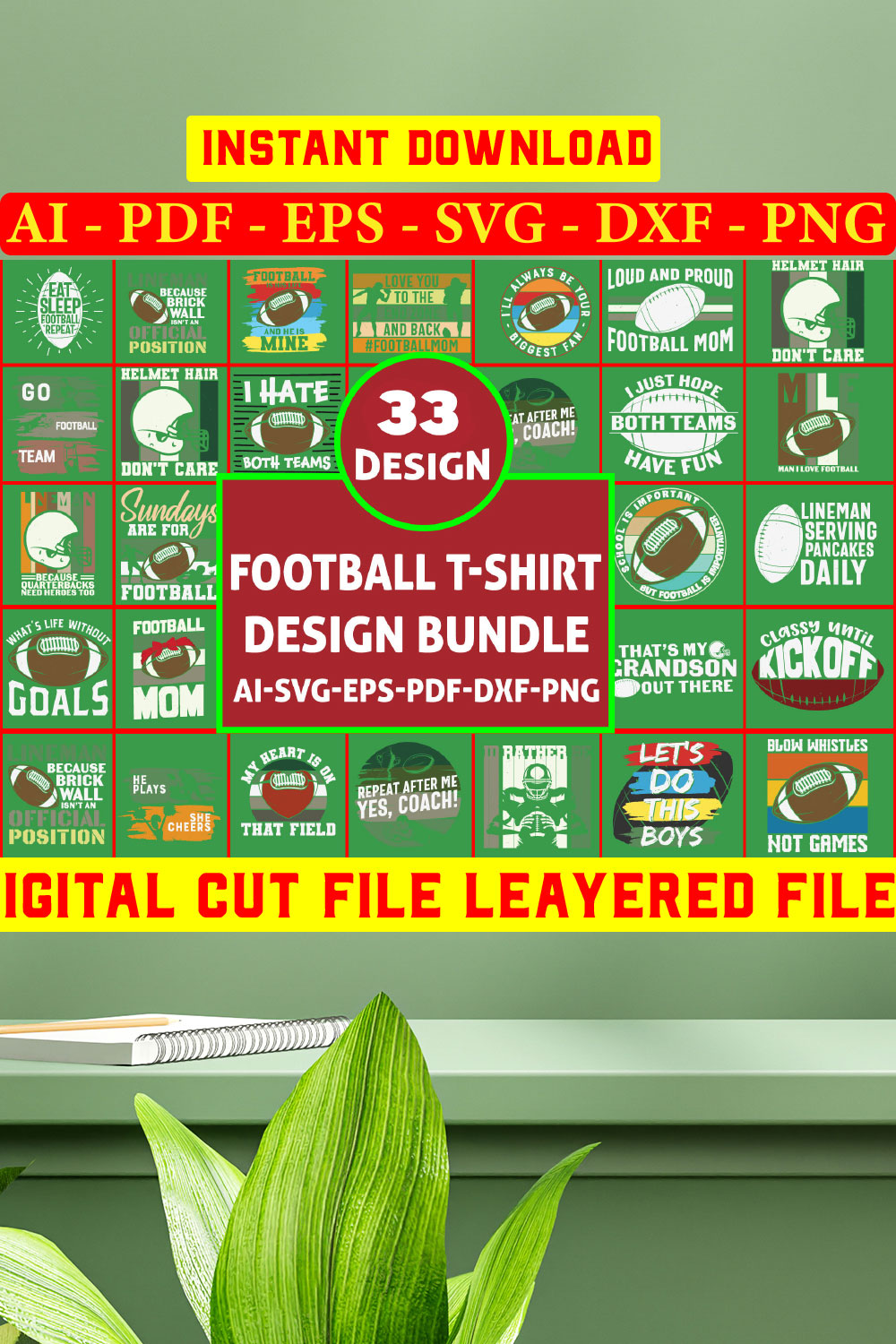 Football T-shirt Design Bundle pinterest preview image.