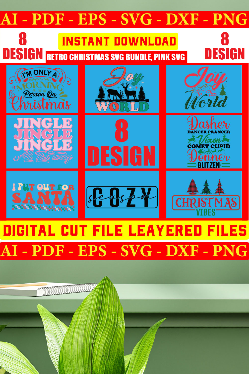 Retro Christmas Svg Bundle, Pink Svg Vol-01 pinterest preview image.