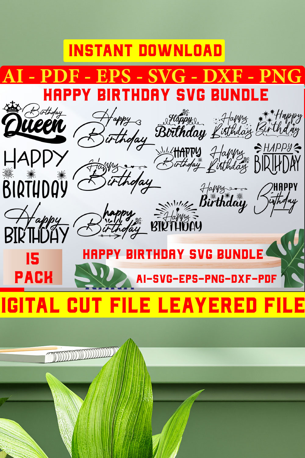 Happy birthday svg bundle hand lettered | birthday svg | birthday party svg | birthday cake svg | birthday party svg png | birthday clipart pinterest preview image.