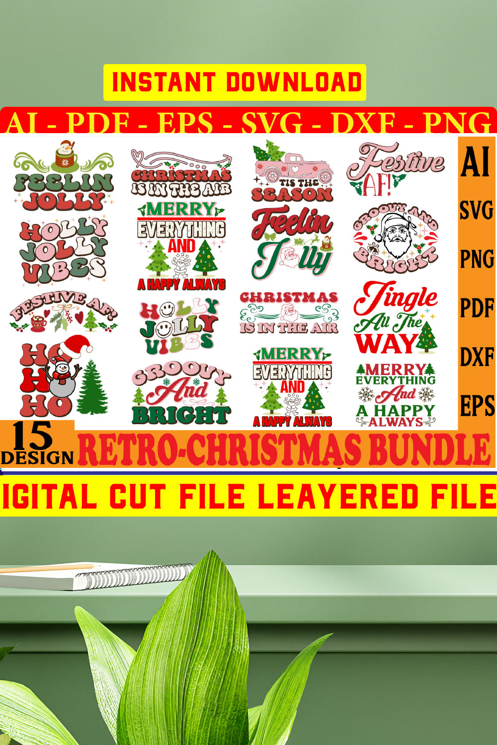 Retro Christmas SVG Bundle, Merry Christmas SVG, Modern Vintage Christmas Signs SVG, Christmas Shirt Svgs, Vinyl Decal File for Cricut pinterest preview image.
