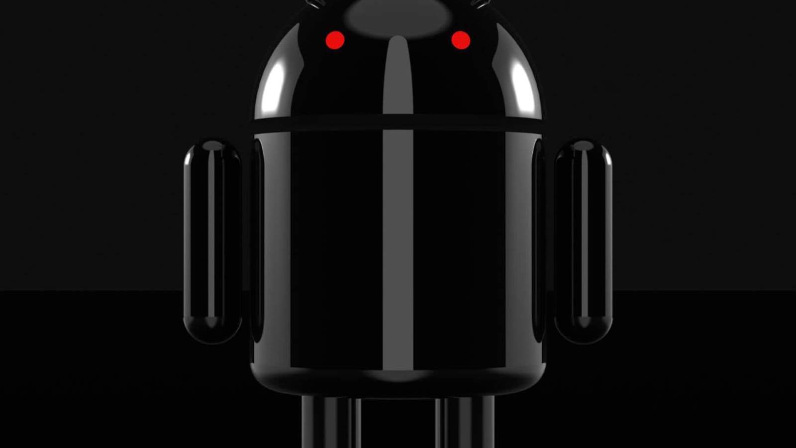 Image of a black robot with red eyes.