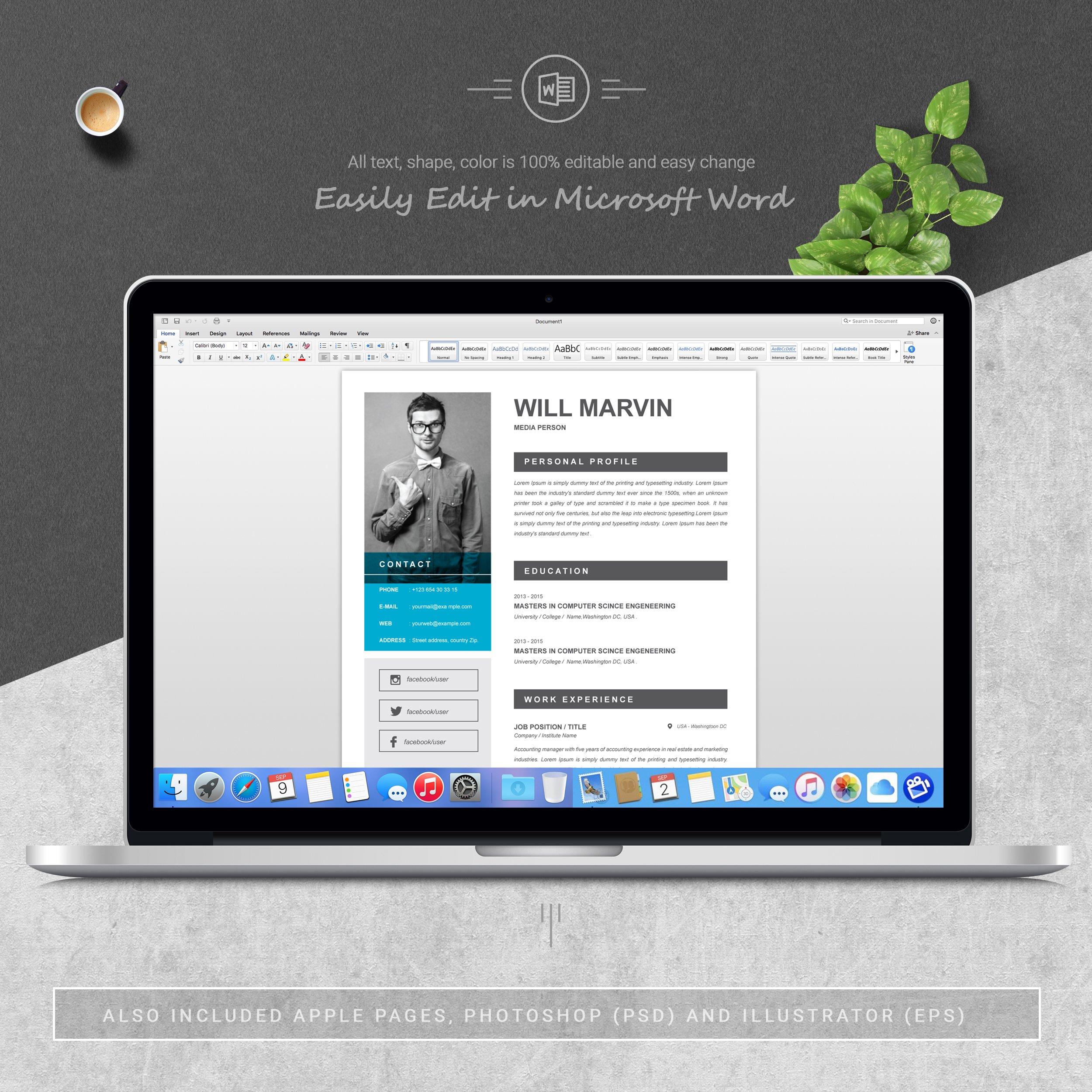 05 3 pages free resume ms word file format design template 517