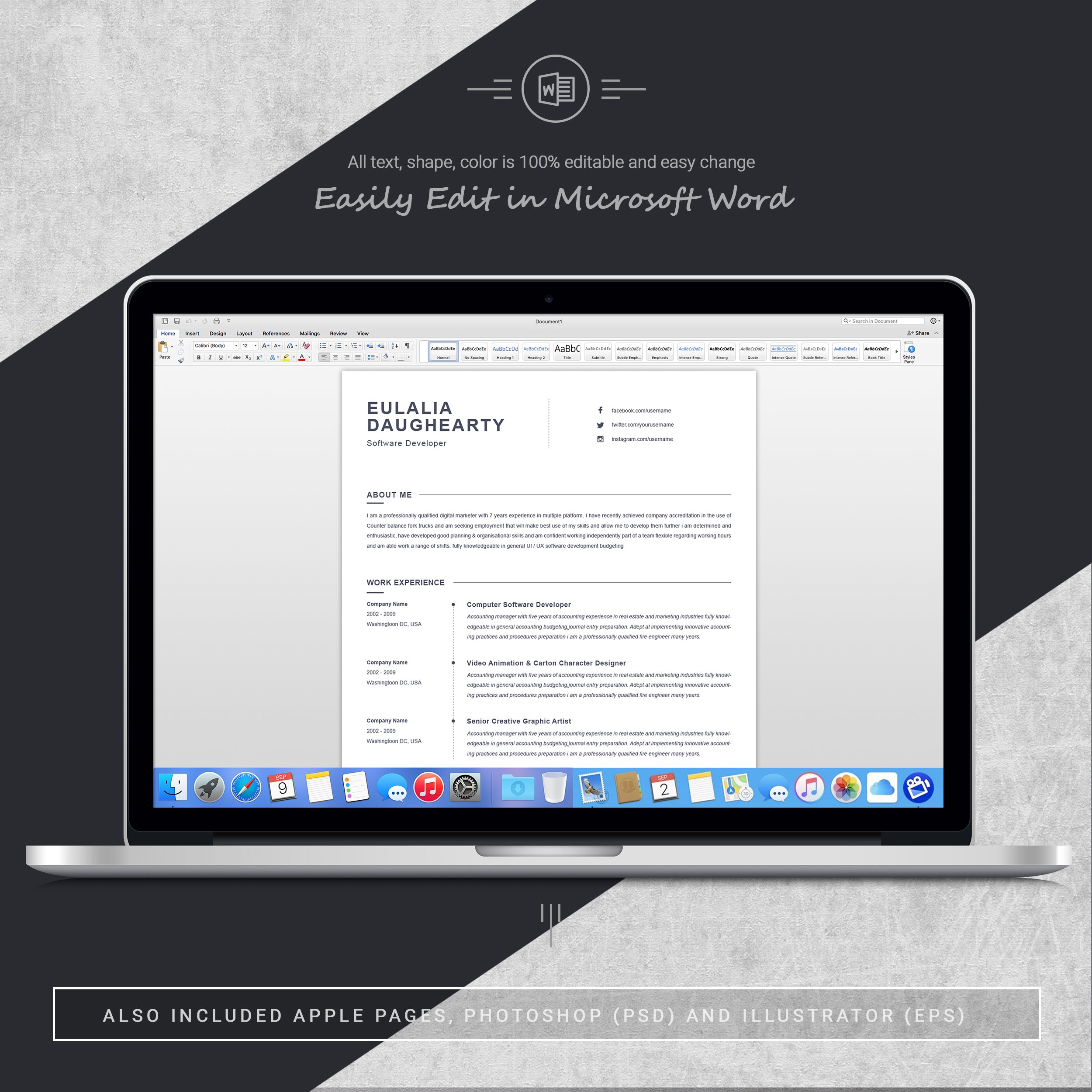 05 3 pages free resume ms word file format design template 826