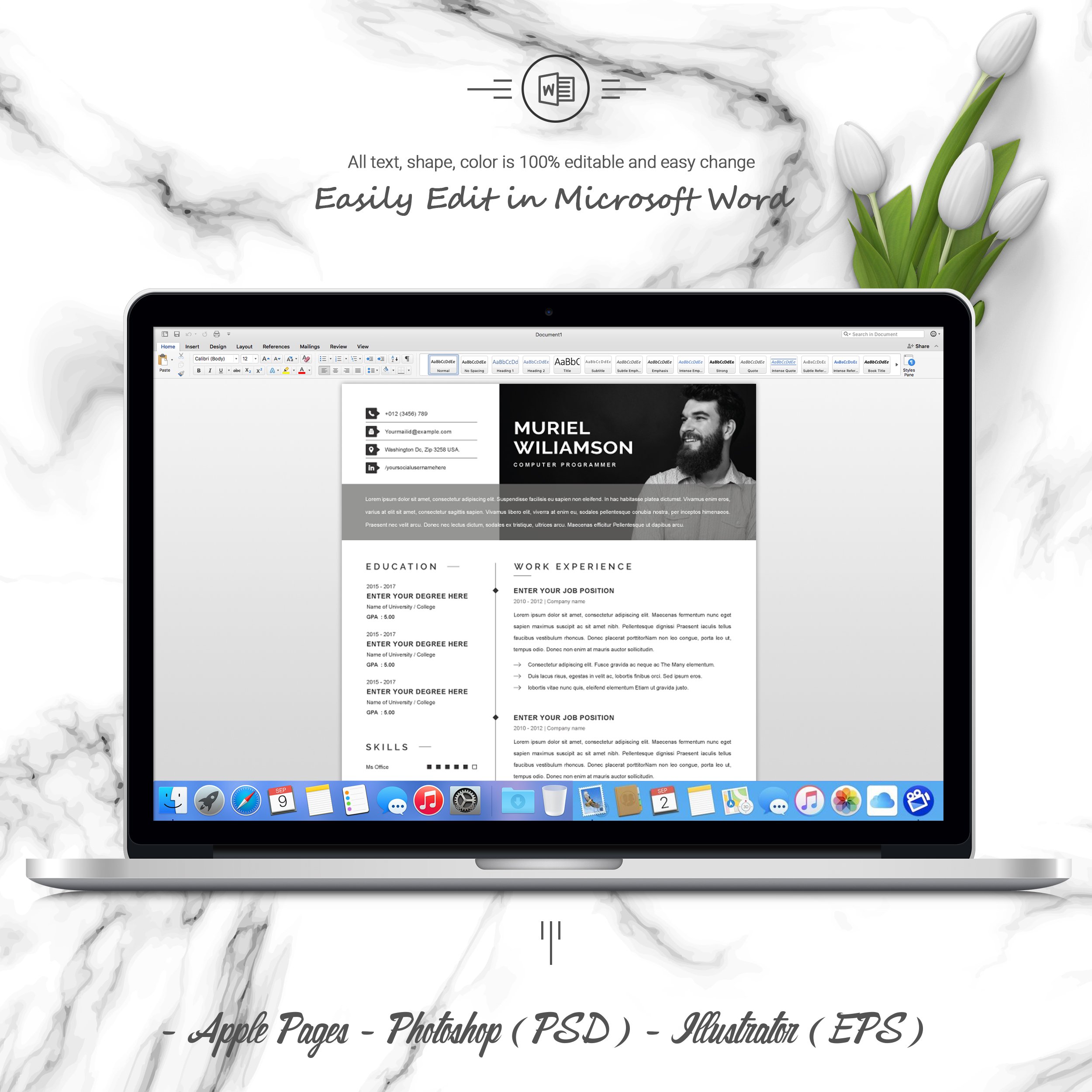 05 3 pages free resume ms word file format design template 928