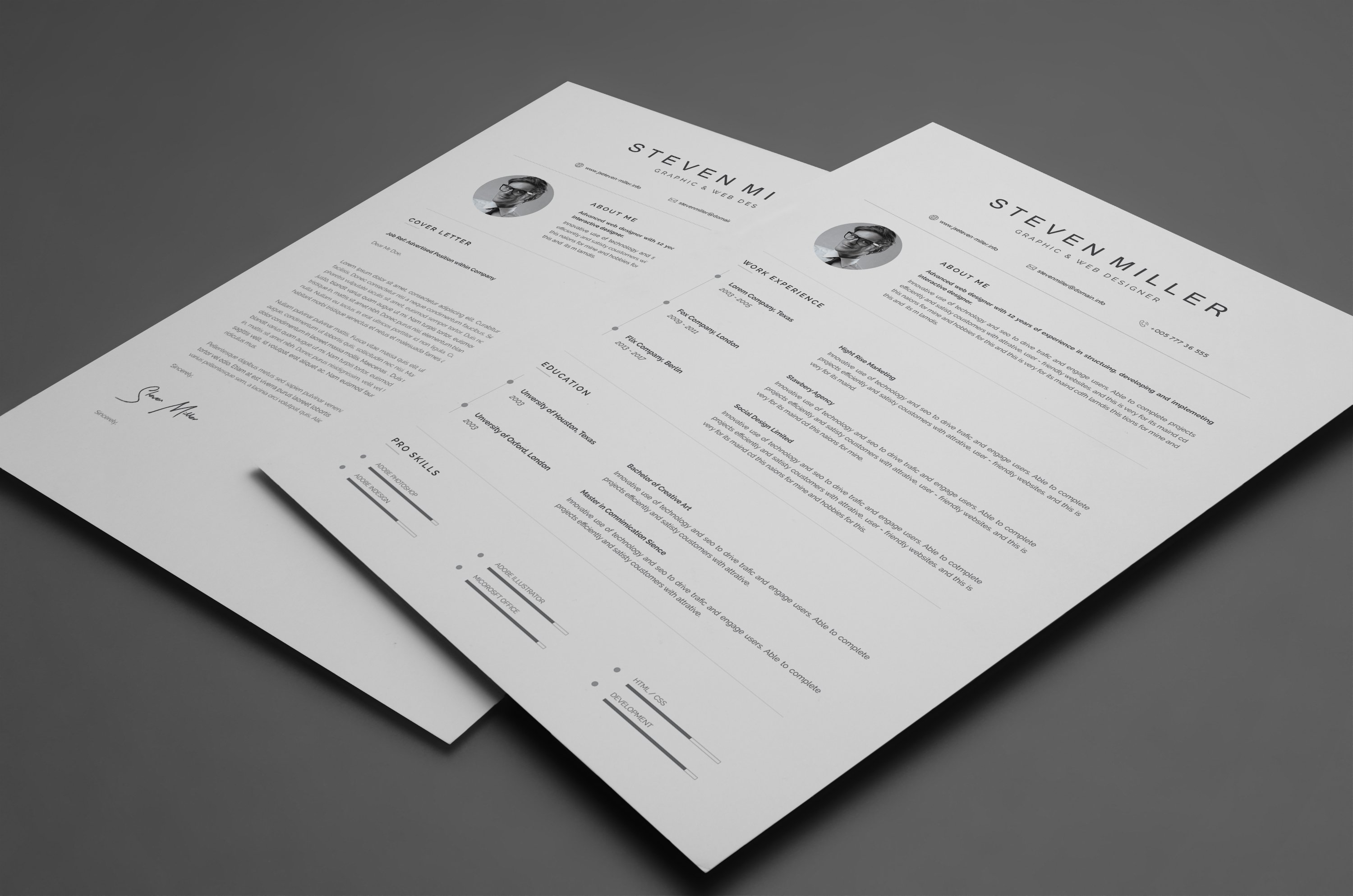 Two pages of a resume on top of each other.