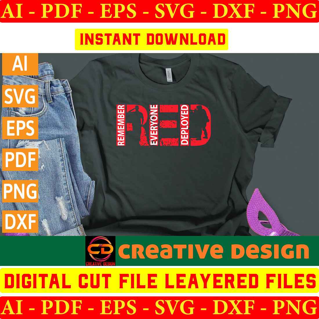 Black t - shirt with a red design on it.