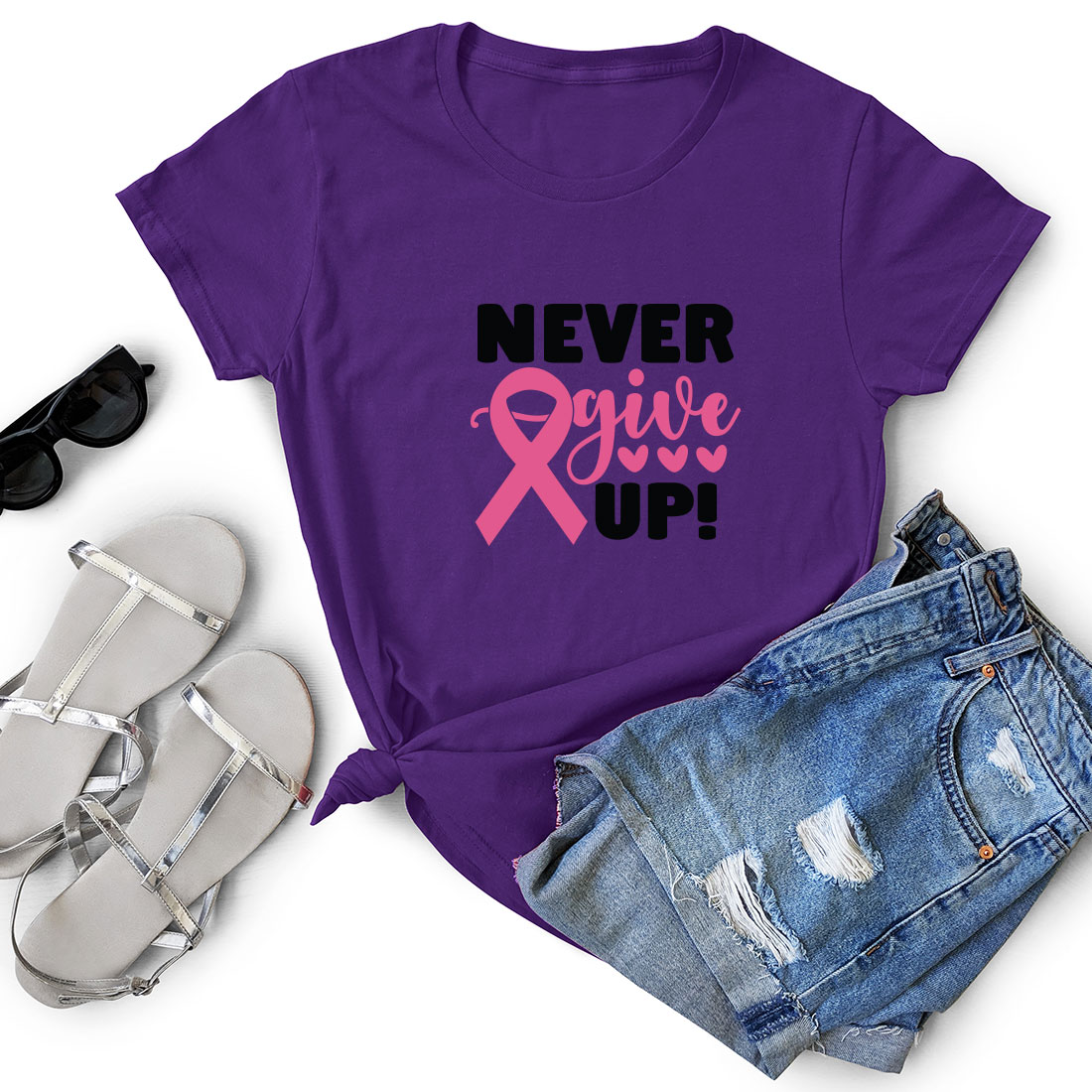 T - shirt that says never give up with a pink ribbon.