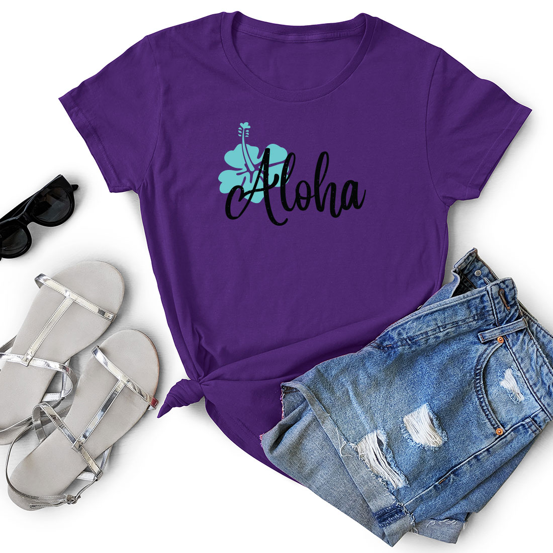 Purple shirt with the word aloha on it.