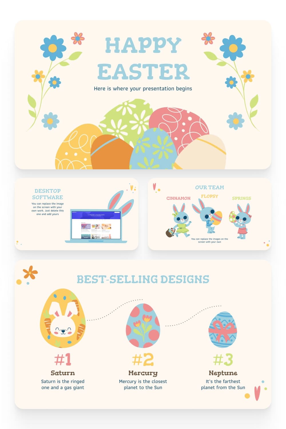 Collage of Easter presentation pages with drawings of eggs and rabbits.