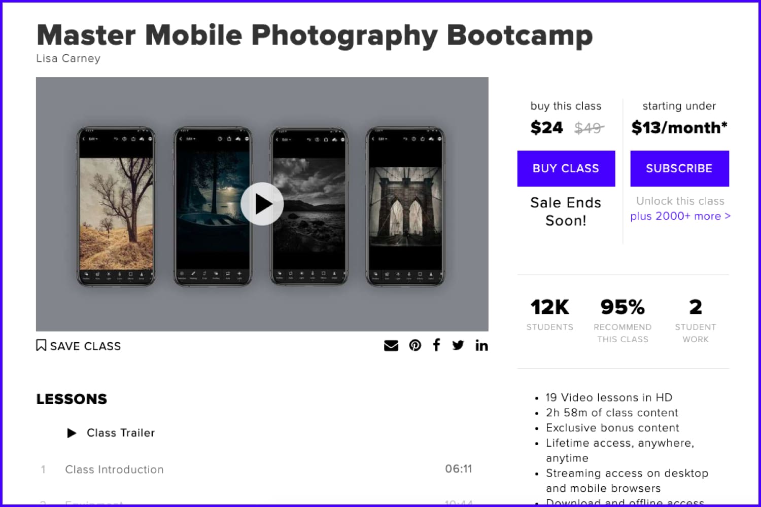 Screenshot of the main page of the Master Mobile Photography Bootcamp website.