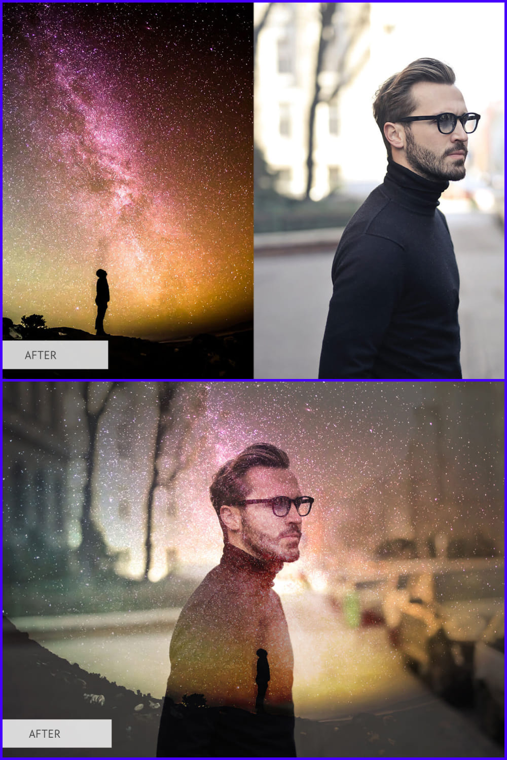 A collage of two photographs of a man and a starry sky combined into a third photo.