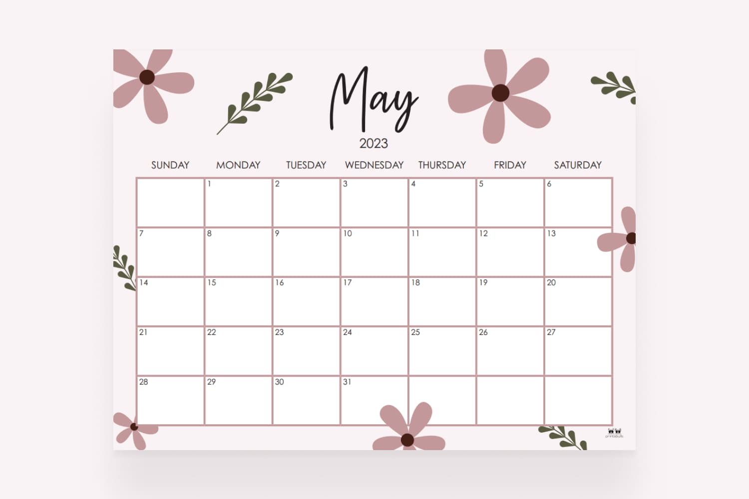 Calendar with a clean and minimalistic flower layout and large date boxes.