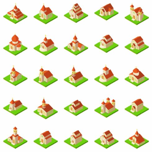 Church icons set, isometric style cover image.