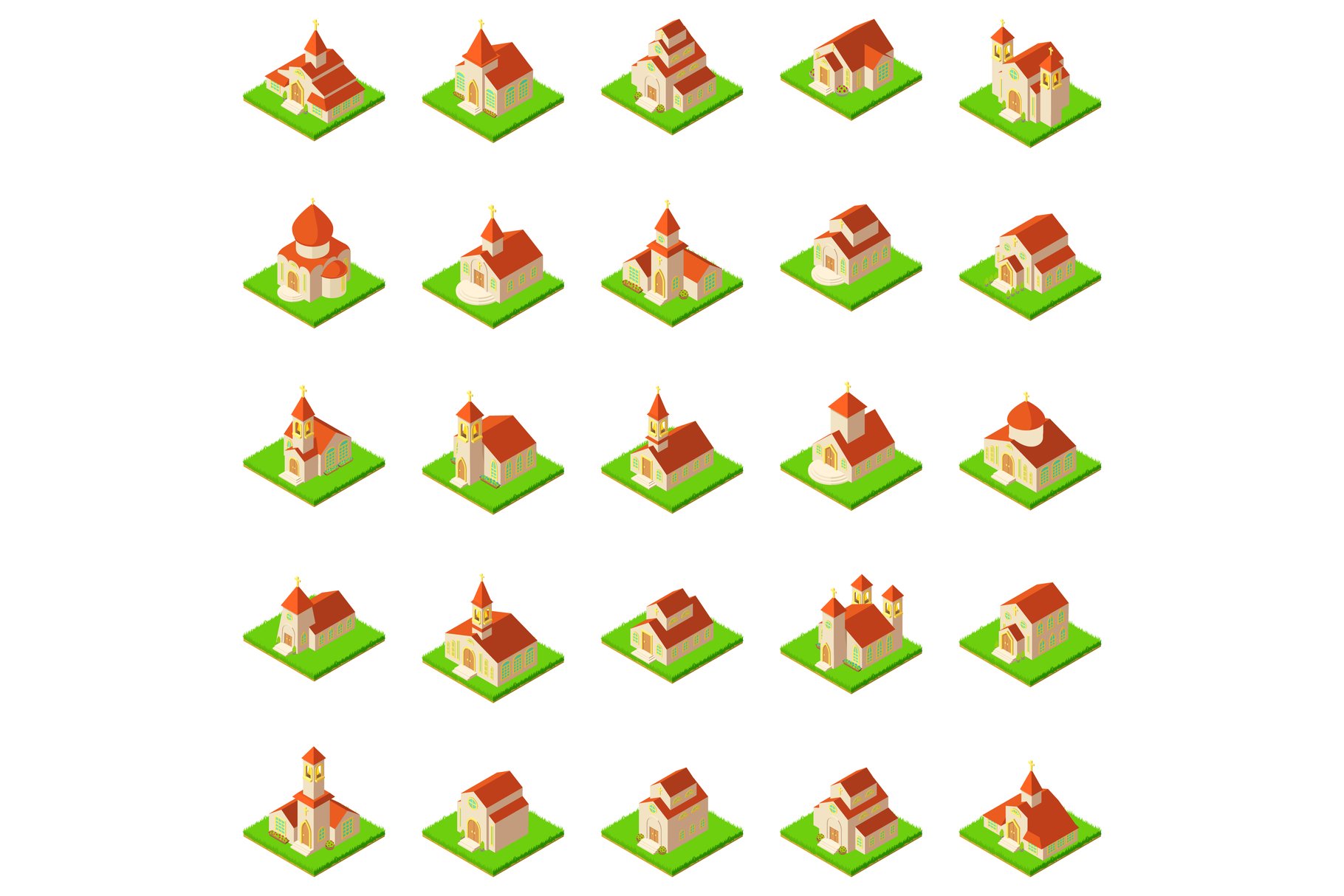 Church icons set, isometric style cover image.