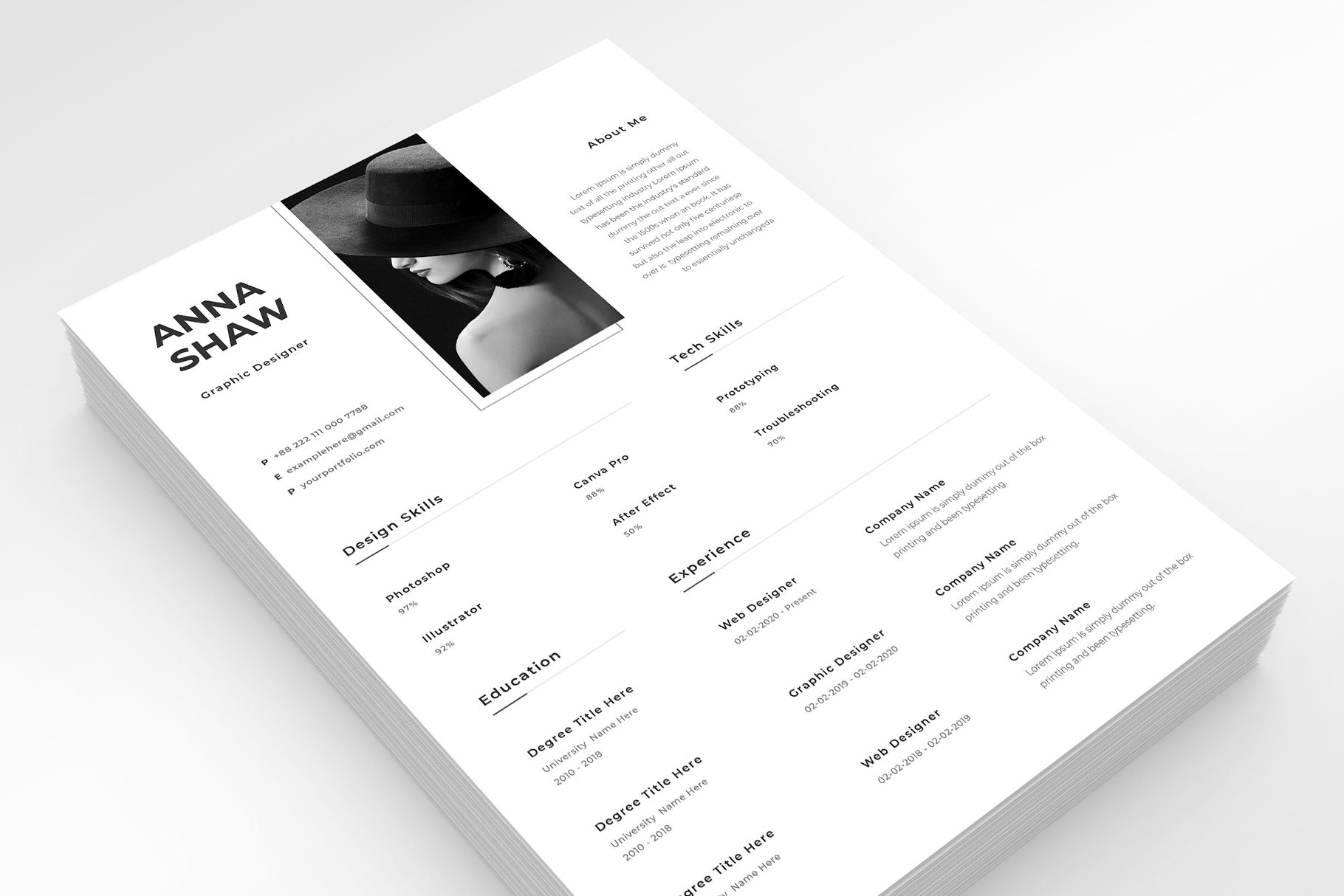 Clean and minimal resume with a black and white photo.