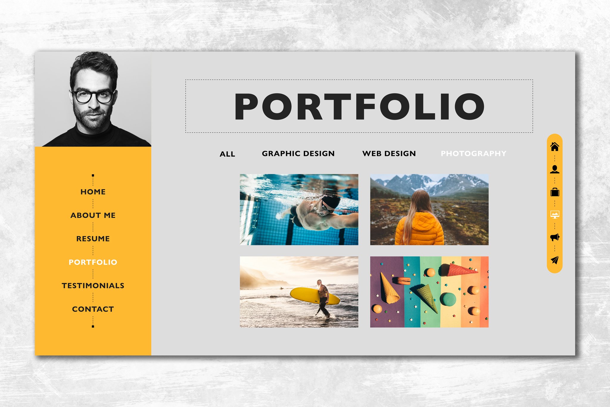 Website page with a man holding a surfboard.