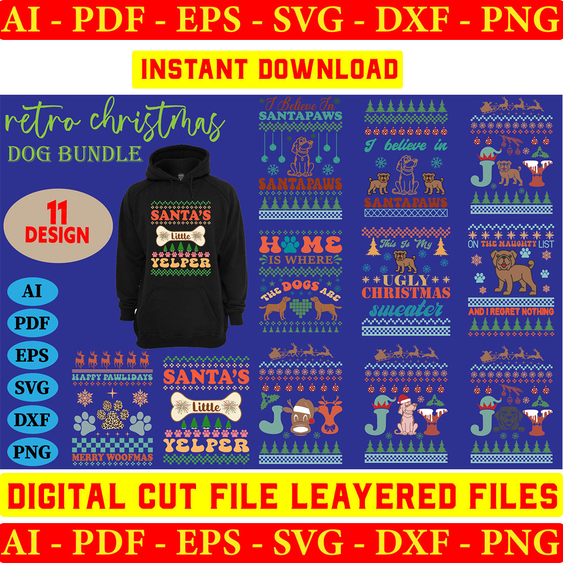 Dog Retro Christmas Sweater Svg Design Bundle cover image.