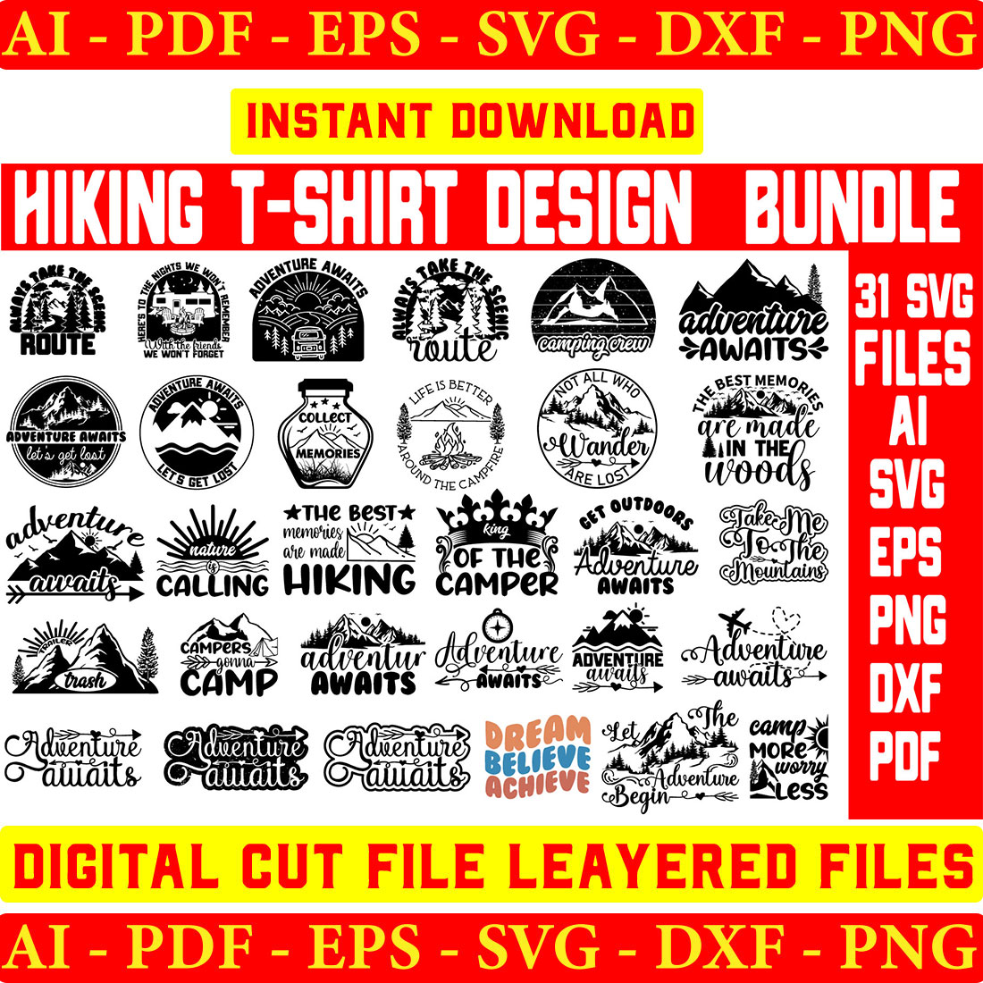 Hiking T-shirt Design Bundle cover image.