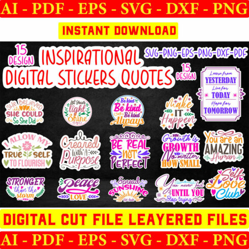 Inspirational Digital stickers Quotes Designs Bundle cover image.